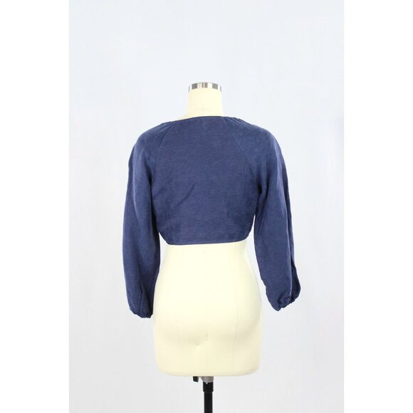 Aritzia WILFRED Venus Navy Blue Linen Blend Front Tie Blouse Top, Size XS - Picture 3 of 11